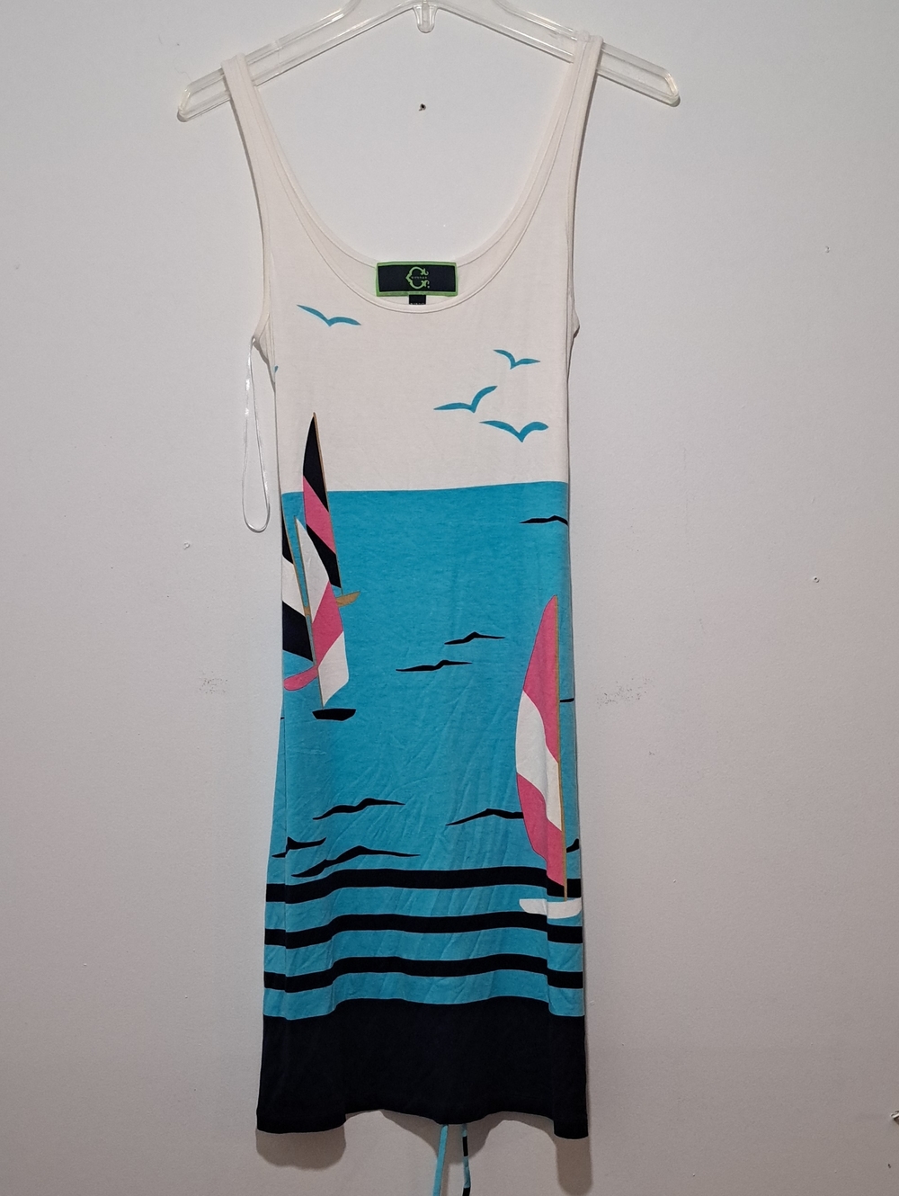 C. Wonder White, Aqua & Pink Sailboat Midi Tank Dress. Nautical.